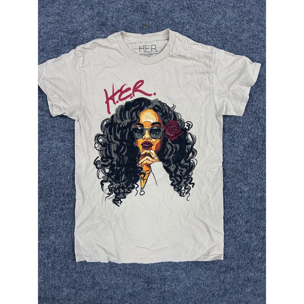 H.E.R. T-Shirt Womens Size S Tan Graphic Portrait Cotton Short Sleeve Crew Neck